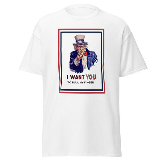 Uncle Sam, ich möchte, dass du mein klassisches T-Shirt mit den Fingern ziehst